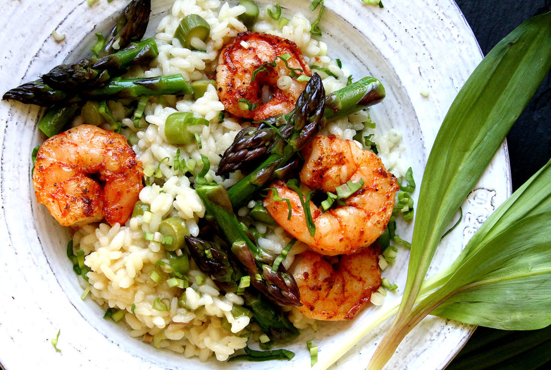 Asparagus and Wild Garlic Risotto, with Spicy Shrimp A Cup of Sugar