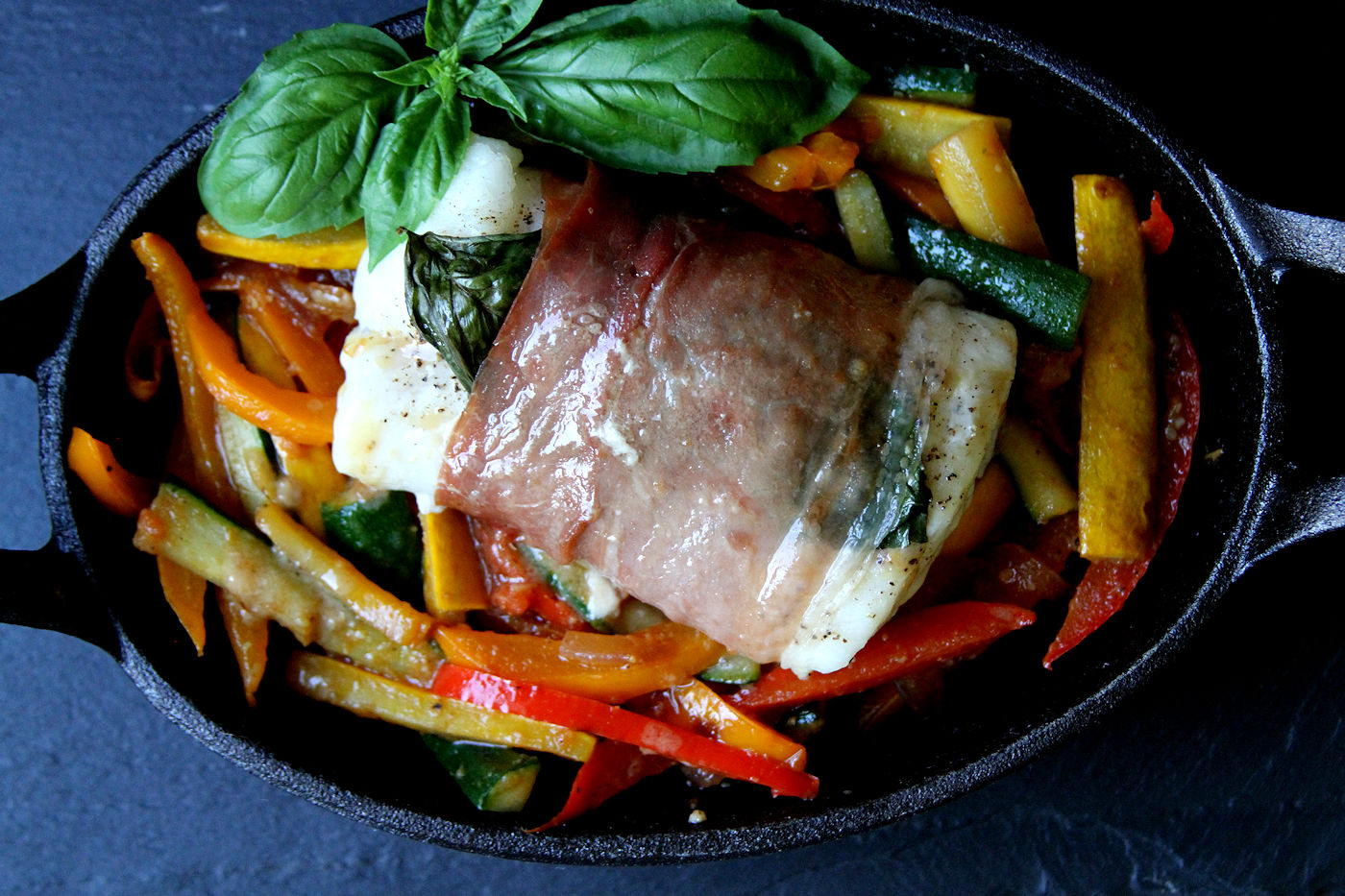 Prosciuttowrapped Baked Halibut with Italian Vegetables A Cup of