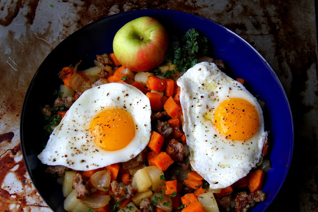 Sweet Potato, Apple and Sausage Hash, with Fried Eggs A Cup of Sugar